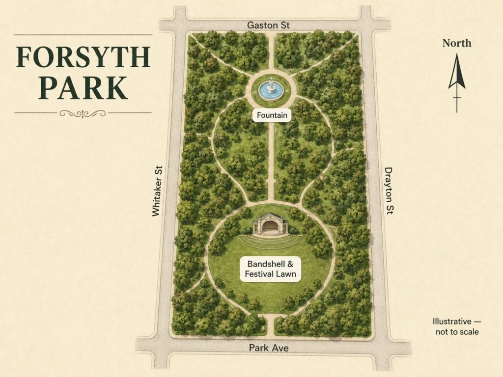 Map of Forsyth Park for Savannah Jazz Festival visitors