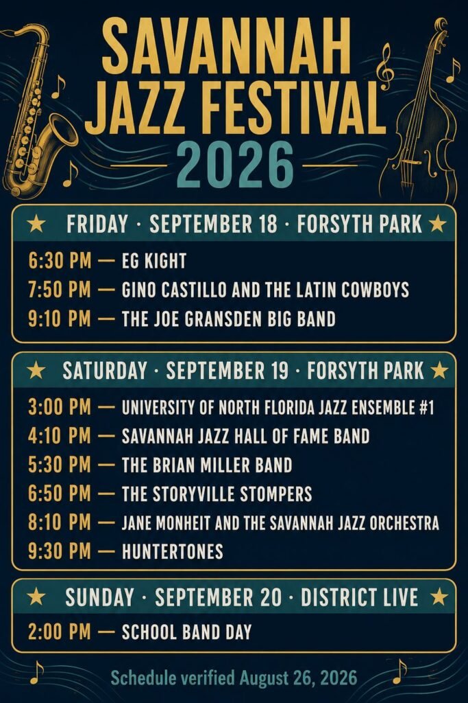 Savannah Jazz Festival 2026 schedule for September 18 to 20