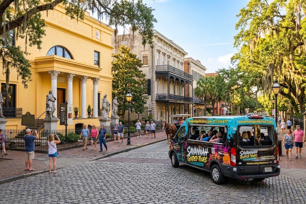 Historic cobblestone streets in the city center during an open air tour savannah