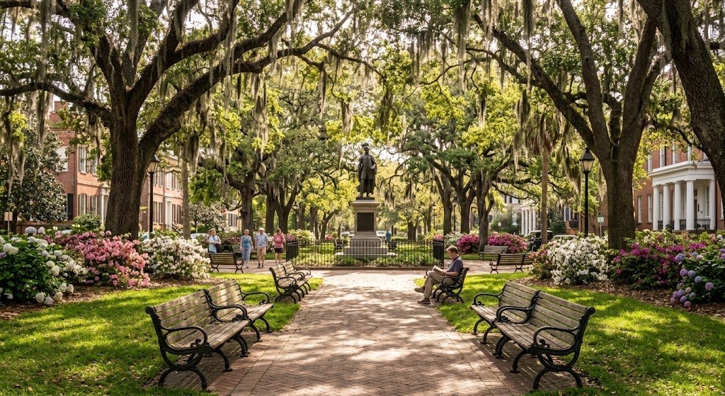 Walking through the historic squares on a day trip to Savannah