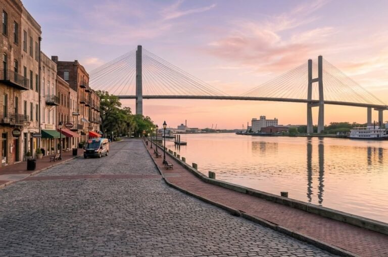 Savannah riverfront and Talmadge Bridge, the arrival point for a day trip from Hilton Head or Charleston