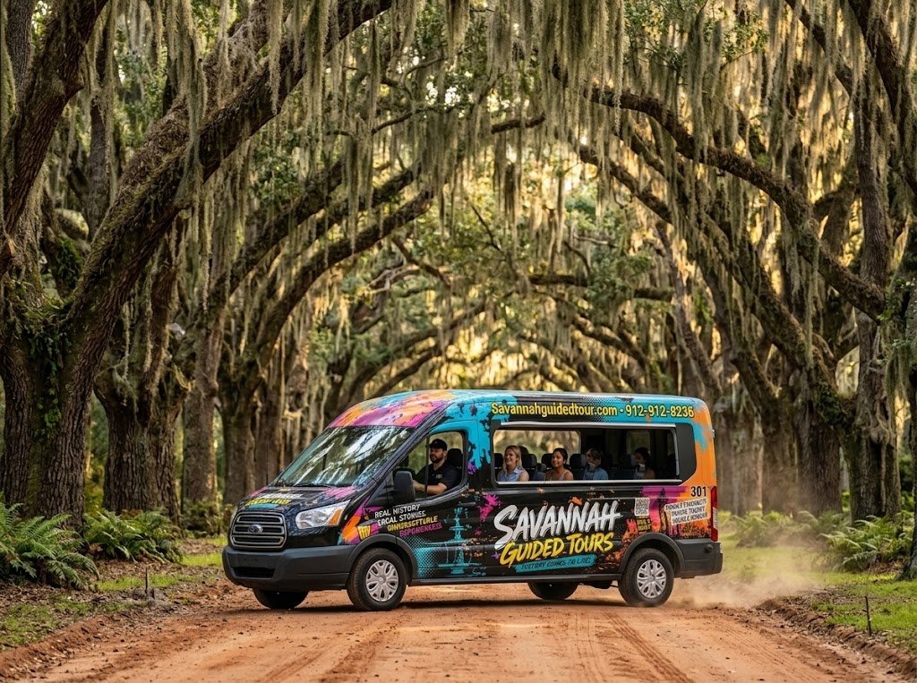Scenic family reunion activities savannah with a sightseeing van under oak trees