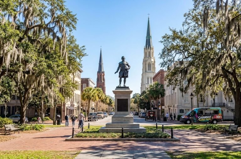 The north side of Chippewa Square in Savannah, where the Forrest Gump bench scene was filmed