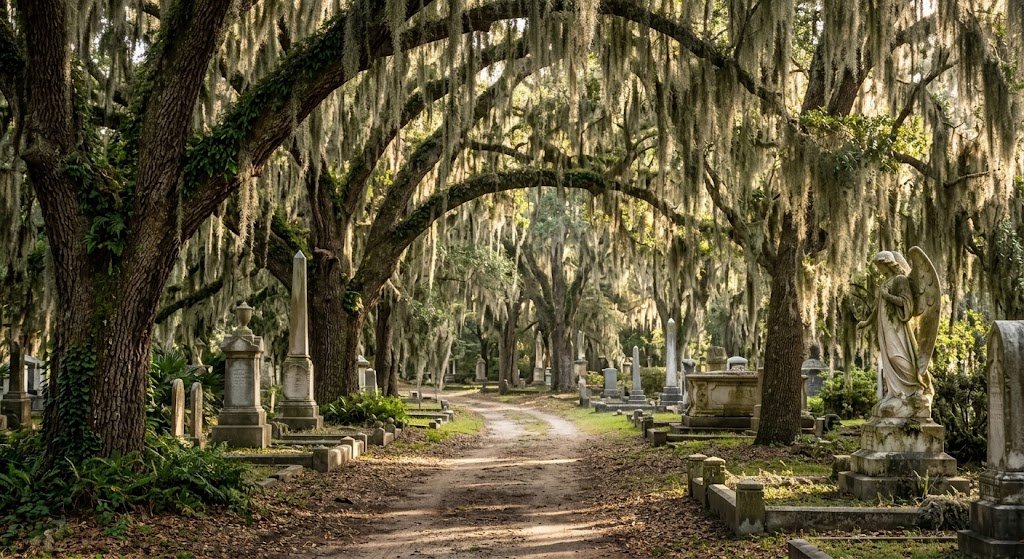 Avenue of live oaks and Spanish moss in Bonaventure Cemetery
