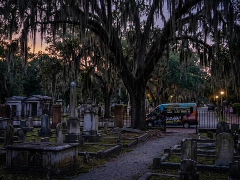 Colonial Park Cemetery, one of the most haunted places in Savannah, under live oaks