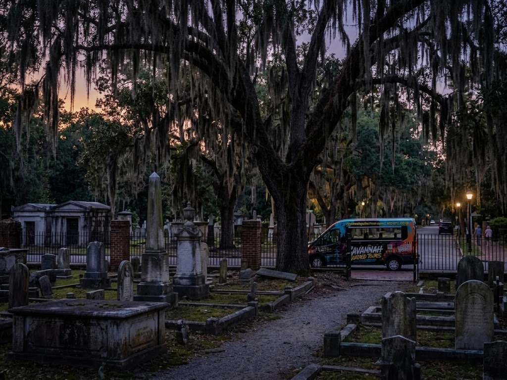 Colonial Park Cemetery, one of the most haunted places in Savannah, under live oaks