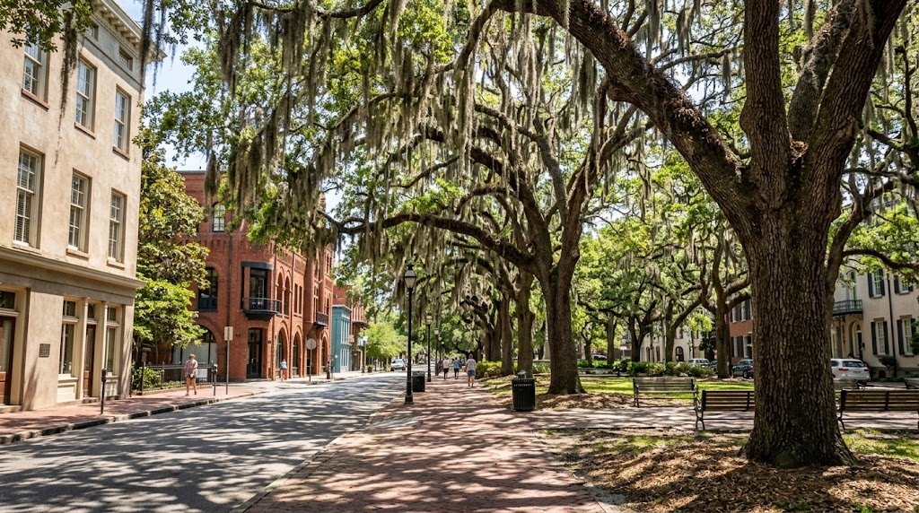 Chippewa Square park benches and live oaks in Savannah's Historic District
