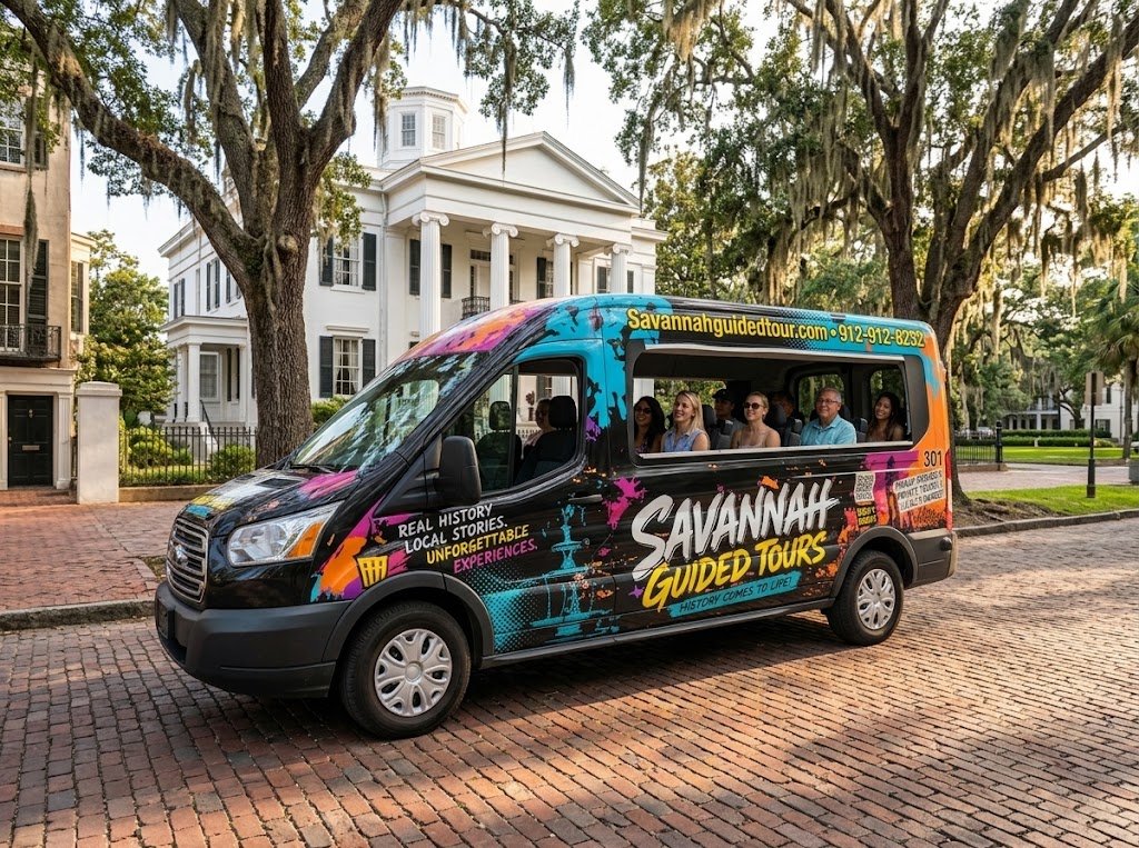 Students and tourists enjoying savannah group tours in a customized open-air van