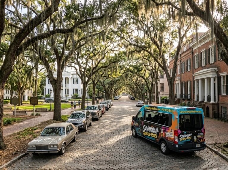 Street parking beside a live oak-lined square in Savannah's Historic District