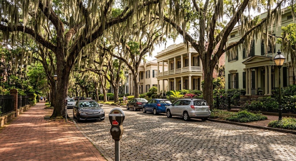 Savannah Historic District with classic southern mansions, red brick sidewalks, and live oak trees draped in Spanish moss