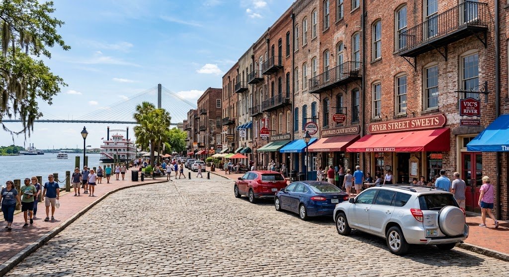 Historic River Street in Savannah, Georgia, featuring a cobblestone road, old brick buildings, and a river view