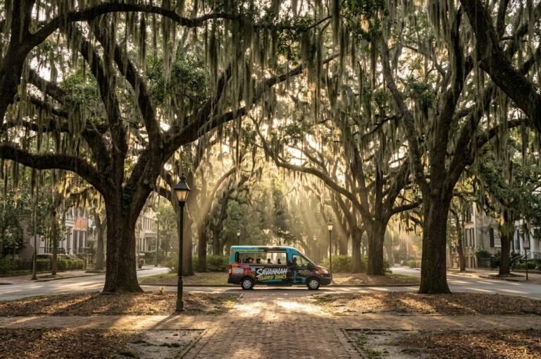Savannah trolley tours alternative with a sightseeing van under oak trees in a historic square