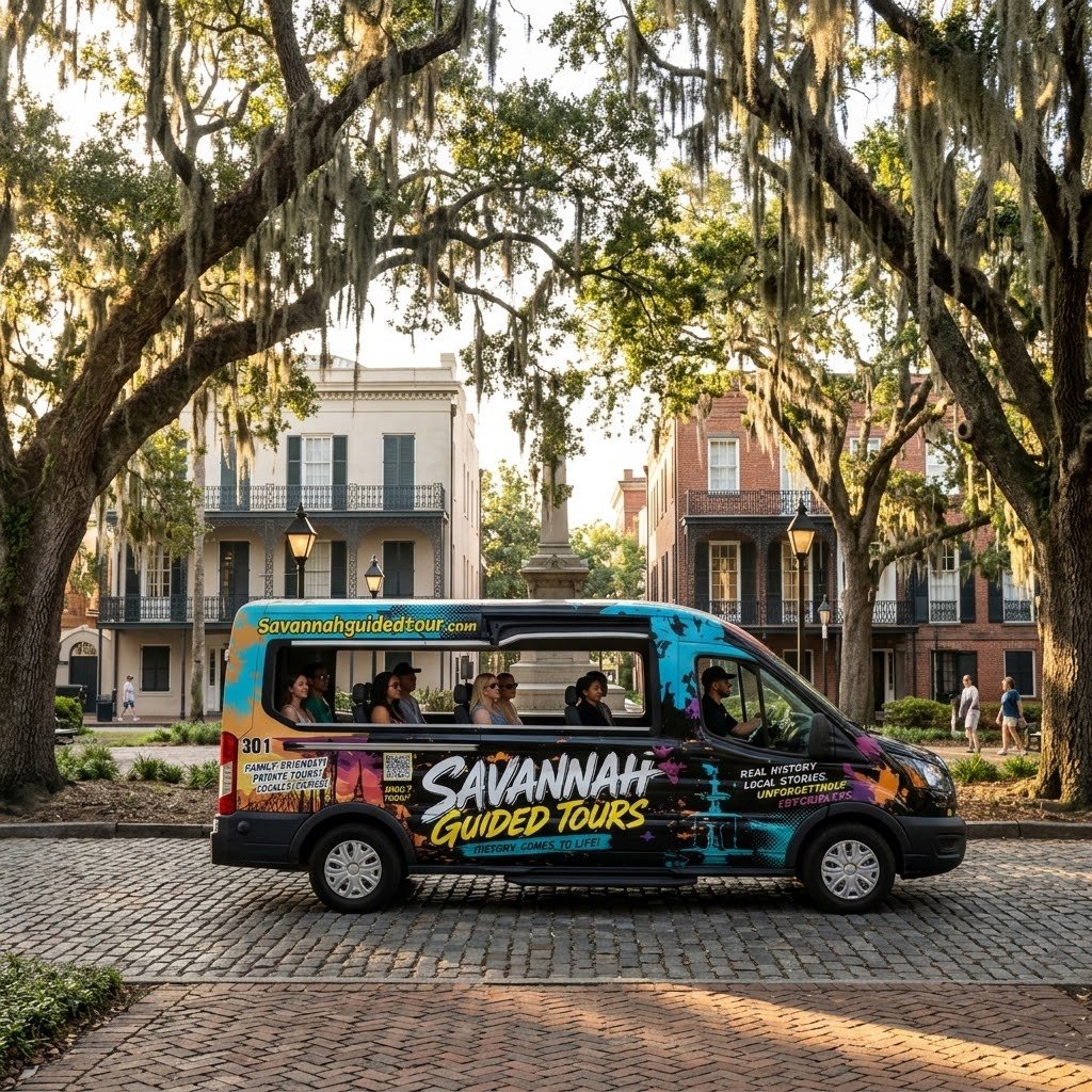Live oaks and Spanish moss over a Savannah square on a weekend morning