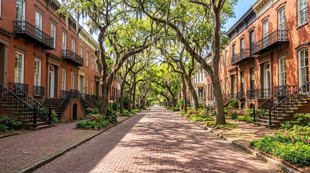 Historic brick townhouses and oak trees on Jones Street in Savannah
