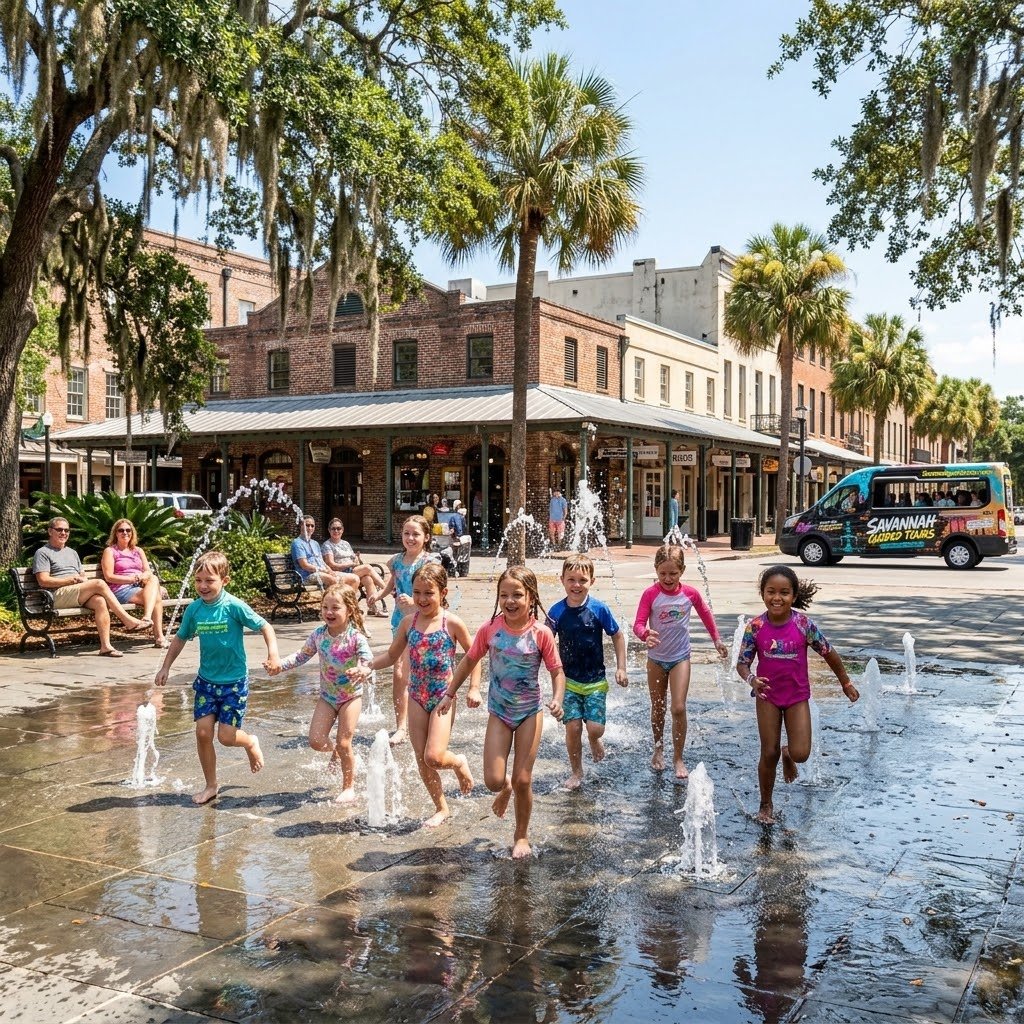 Kids playing in the Ellis Square fountain during a family vacation in Savannah